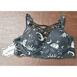 NWT S Sun Moon Stars Bikini Top Bathing Suit Swim Bra Pushup Underwire B & W